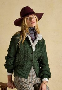 Cardigan verde tricotat cu modele în relief, nasturi închiși la culoare, purtat peste o bluză albă cu volane și o eșarfă cu modele. Asortat cu pantaloni în carouri.