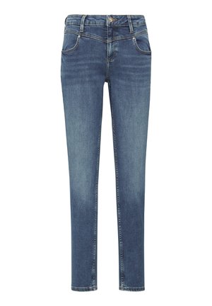Skinny jeans made from blue denim, featuring a button and zipper closure, belt loops, and five pockets. Faded wash adds visual texture.