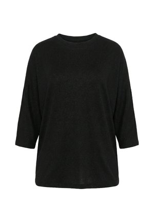 Zwarte loszittende blouse met driekwart mouwen en een ronde hals, getoond tegen een effen witte achtergrond.