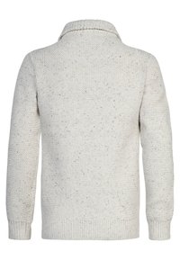 Pulover tricotat de culoare gri deschis, cu un finisaj texturat, având un guler înalt, manșete ribbrate și o croială lejeră. Micile puncte din țesătură.