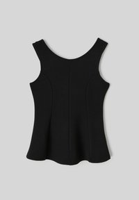 Haut sans manches noir avec un col rond. Présente un ourlet évasé et des coutures structurées, fabriqué en tissu lisse et extensible.