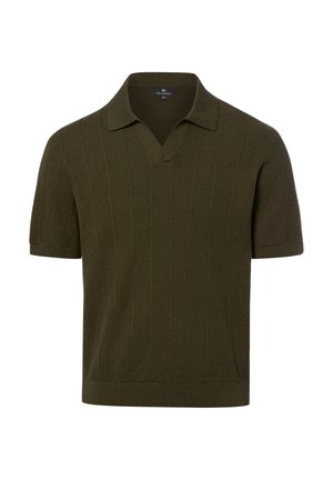 Kurzärmeliges, dunkelolivgrünes, gestricktes Poloshirt mit strukturierten vertikalen Streifen und einem umgeschlagenen Kragen, auf weißem Hintergrund gezeigt.