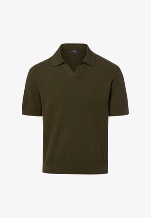 Kurzärmeliges, dunkelolivgrünes, gestricktes Poloshirt mit strukturierten vertikalen Streifen und einem umgeschlagenen Kragen, auf weißem Hintergrund gezeigt.