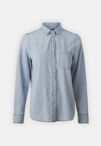 Lichtblauw denim shirt met lange mouwen, knoopsluiting aan de voorkant, kraag en een enkele borstzak. Zachte textuur en klassieke snit.