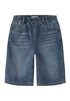 Niebieskie szorty jeansowe z elastycznym pasem, przednimi i tylnymi kieszeniami oraz wyblakłymi detalami na górnej części ud.
