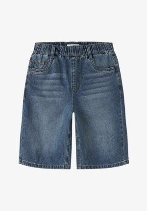 Fazervászon kék rövidnadrág elasztikus derékrésszel, elülső és hátsó zsebekkel, valamint elhalványult részletekkel a comb felső részén.