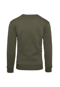 Olive green sweatshirt, made of soft fabric, features a classic crew neck, long sleeves, ribbed cuffs, and a simple design with no patterns.