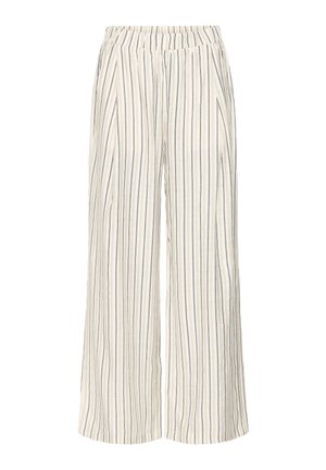 Pantalon large beige clair à rayures verticales noires et grises, taille élastique et poches latérales.