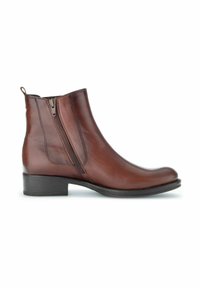 Bottine en cuir marron avec une finition lisse, fermeture éclair sur le côté et petit talon bloc, présentant des coutures discrètes et une silhouette épurée.