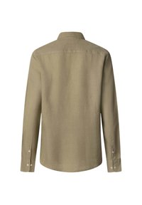 Camicia a maniche lunghe verde oliva, realizzata in lino, con colletto standard, orlo dritto e polsini con bottoni. Vista posteriore, senza motivi o accenti.