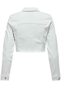 Lühendatud valge denim-jakk, millel on pikad varrukad, kulunud äär ja klassikaline krae. Sisaldab nööbitavaid mansette ja selja õmblust.