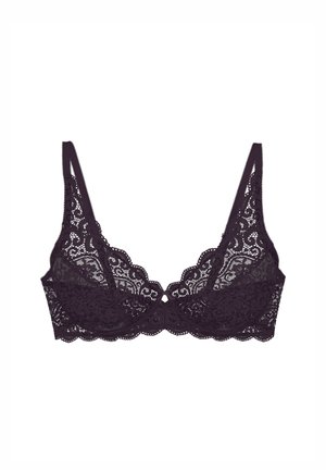 Koronkowy bralet w ciemnym fiolecie, z falistymi krawędziami, delikatnymi kwiatowymi wzorami, regulowanymi ramiączkami oraz wycięciem na środku.