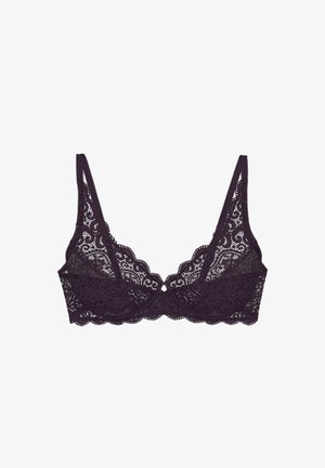 Koronkowy bralet w ciemnym fiolecie, z falistymi krawędziami, delikatnymi kwiatowymi wzorami, regulowanymi ramiączkami oraz wycięciem na środku.