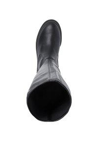 Schwarze Lederknöchelhohe Stiefel mit runder Zehe, leicht schlaffem Design und glatter Textur. Das Innenfutter ist weich und dunkel.