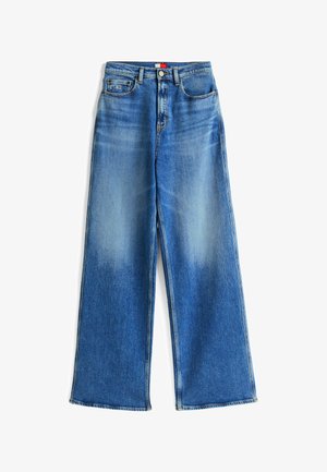 Wide-leg blue denim jeans. Light fading on thighs, five-pocket design, button and zipper closure, and finished hem with contrasting stitching.