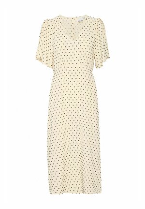 Kreemivärvi midi kleit mustade täppidega, lühikeste lehvivate varrukatega, V-kaelusega ja keha lähedalt istuva vöökohtadega. Sile tekstuur, põlvekõrgune.