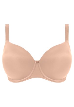 Beige pehmeä rintaliivi saumattomilla kupilla, säädettävillä olkaimilla ja keskellä olevalla lukolla. Sujuva pinta, yksinkertainen muotoilu ja ilman kuvioita.