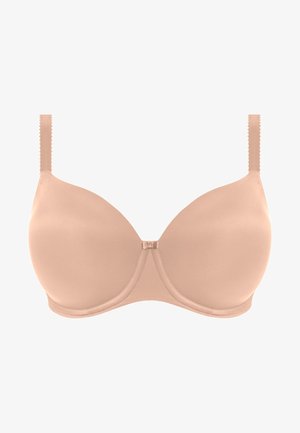 Soutien-gorge rembourré beige avec des coques sans coutures, des bretelles réglables et une fermeture à crochet central. Texture lisse, design simple et sans motifs.