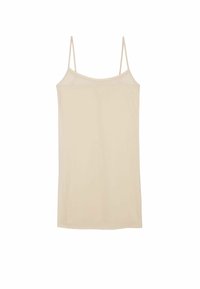 Beige tílko s tenkými nastavovacími ramínky, měkkou tkaninou, rovný střih a jednoduchý design, vhodné pro vrstvení nebo jako noční prádlo.