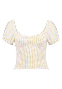 Góra z marszczonym karczkiem i krótkimi bufkami, z białym i żółtym paskowanym wzorem. Wykonana z lekkiego materiału o dopasowanym fasonie.