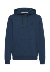 Marineblå hettegenser laget av mykt stoff, med en frontlomme i kengurustil, justerbare snorer og en liten svart logo.