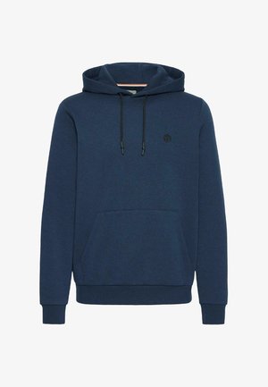 Navyblauer Kapuzenpullover aus weichem Stoff, mit einer vorderen Kängurutasche, verstellbaren Zugbändern und einem kleinen schwarzen Logo.
