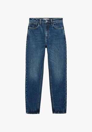 Tamne traperice u tamnoplavoj boji s ravnim nogavicama, koje imaju pet džepova, kontrastnu šav i uzorak na pojasu.