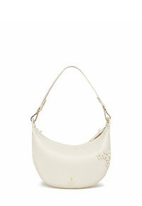 Bílá kožená kabelka přes rameno s zakřiveným tvarem, zdobená květinovými aplikacemi a zlatými kovovými doplňky. Příjemná textura s decentním logem na přední straně.