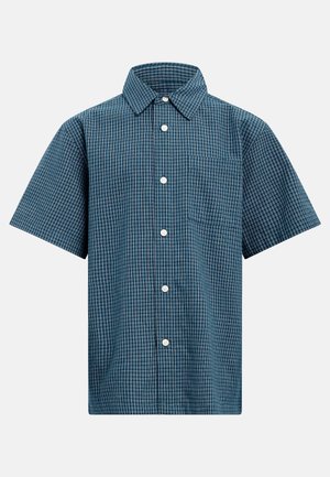 Kortermet, blå rutete skjorte med knapper, enkelt brystlomme og klassisk krage på hvit bakgrunn.