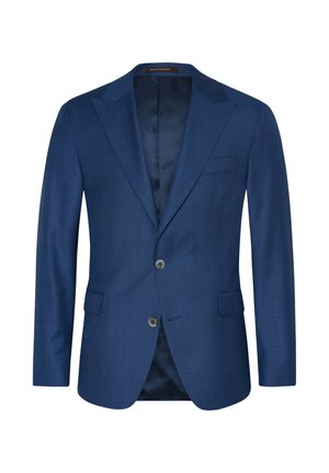 Blue blazer with a textured fabric, single-breasted design, two front buttons, notch lapels, and a smooth interior lining.