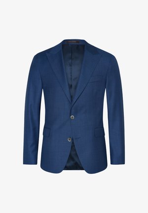 Blauer Blazer aus strukturiertem Stoff, einreihiges Design, zwei vordere Knöpfe, Reverskragen und glatte Innenauskleidung.