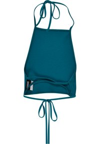 Tyrkise ribbet bikinitopp med tynne justerbare stropper og knyting. Har en glatt tekstur og lett stoff.