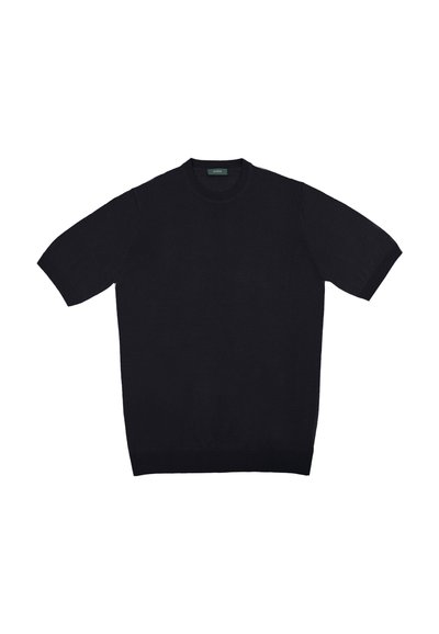 Schwarzer Strickpullover mit kurzen Ärmeln und Rundhalsausschnitt, mit geripptem Saum und Bündchen, aus weichem, strukturiertem Stoff gefertigt.