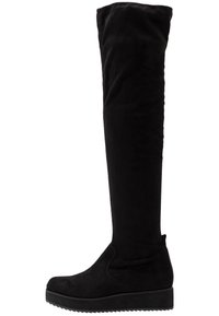 Czarne kozaki za kolano wykonane z miękkiego zamszu. Elegancki design z zaokrąglonym noskiem, płaską podeszwą i minimalistycznym przeszyciem.