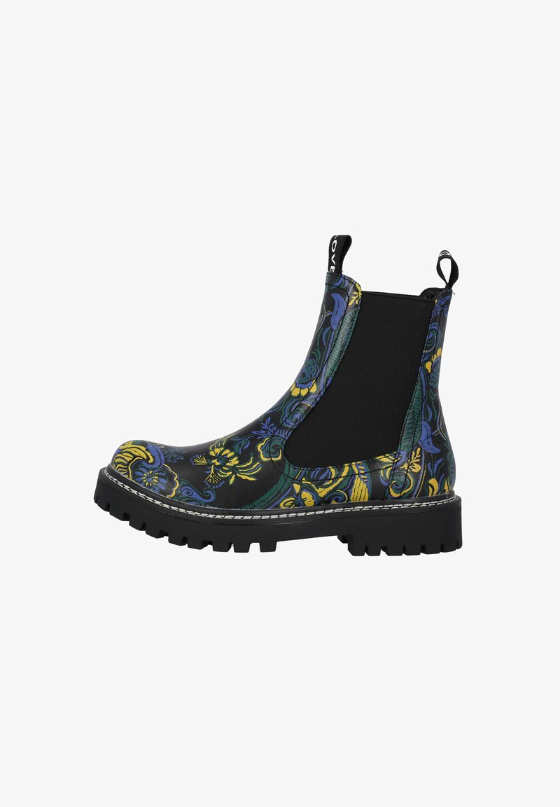 Chelsea boots gemaakt van zwart patroonmateriaal met bloemenontwerpen in blauw en geel. Bevat elastische zijpanelen en een stevige zwarte zool.