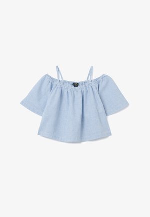 Helles, blaues Off-Shoulder-Top mit kurzen, ausgestellten Ärmeln und feinen vertikalen Streifen. Mit elastischem Ausschnitt und weichem, atmungsaktiven Stoff.