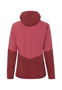 Hooded jacket featuring a two-tone design with light pink and dark red colors. Made from smooth fabric with a matte finish and elastic cuffs.