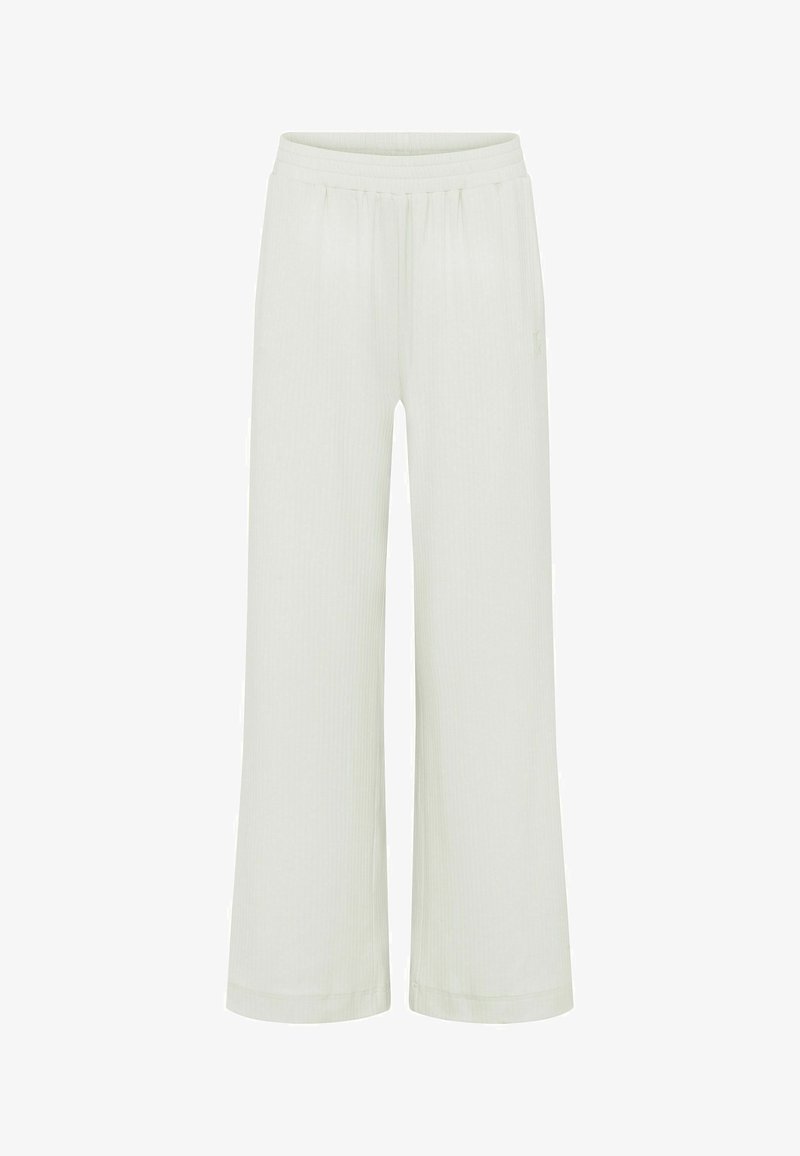 Svijetlo zelene, rebraste hlače širokih nogavica s elastičnom utakmicom i ravnim rubovima. Tekstura tkanine čini se mekanom i laganom.