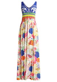 Robe longue avec corsage à motif bleu, taille élastique et jupe à imprimé floral multicolore. Confectionnée dans un tissu léger avec une coupe fluide.