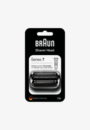 Braun Series 7 Rasierkopf in Schwarz mit metallischen Netzmustern und zwei inneren Schneideelementen. Verpackt in einer eleganten schwarzen Karte mit Aufhängebereich.