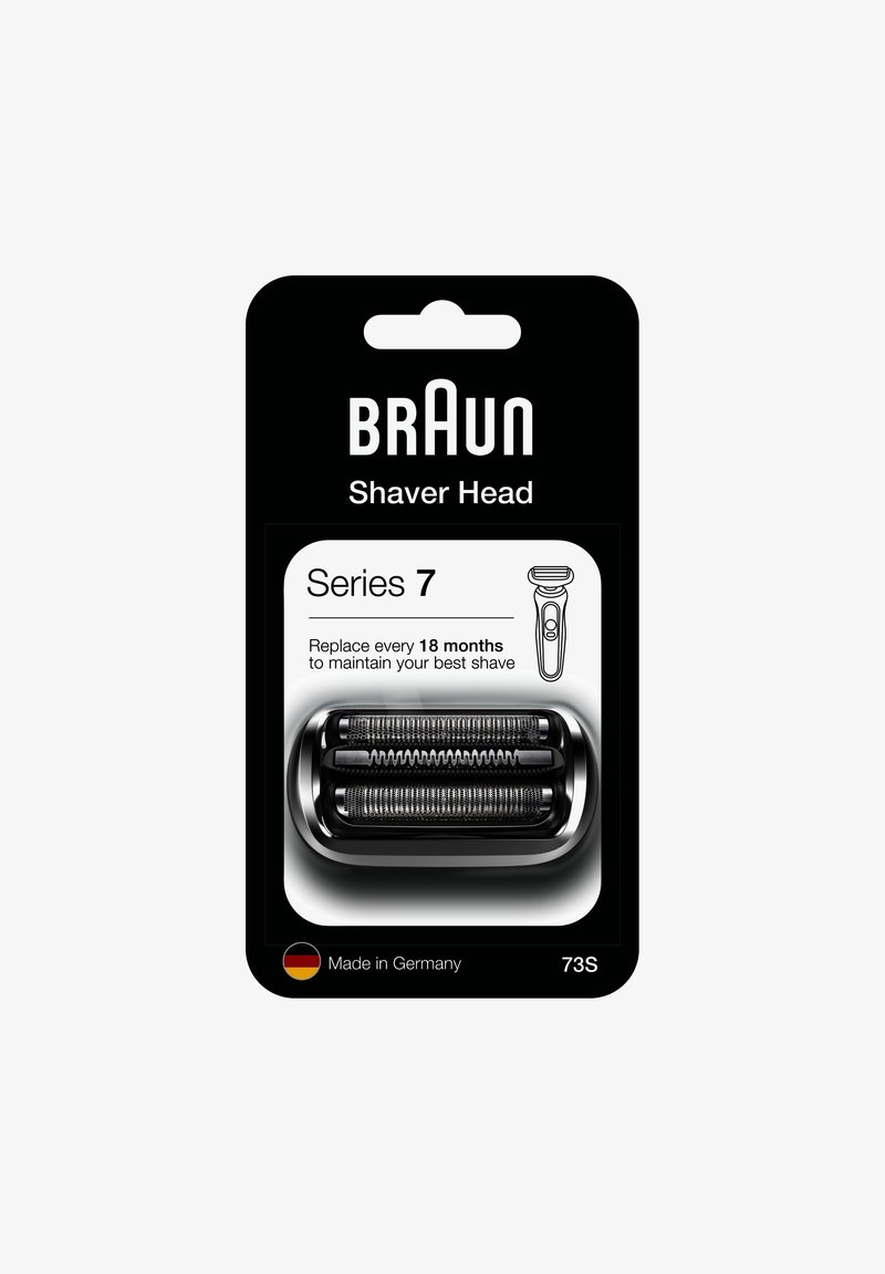 Braun Series 7 shaver head in black with metal mesh patterns and two inner cutters. Packaged in a sleek black card with a hang tab.