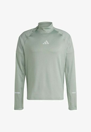 Langärmliges Sporthemd in Hellgrün, mit hochstehendem Kragen, strukturiertem Stoff und reflektierenden Akzenten an den Ärmeln. Bedrucktes Logo.