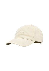 Berretto da baseball in cotone beige con visiera curva e logo ricamato "Calvin Klein" frontalmente. Presenta una costruzione a sei pannelli e fori di ventilazione.
