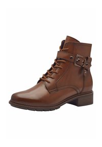 Bottine en cuir marron avec un orteil arrondi, un devant à lacets et une sangle ceinturée. Présente un petit talon carré et une texture lisse.
