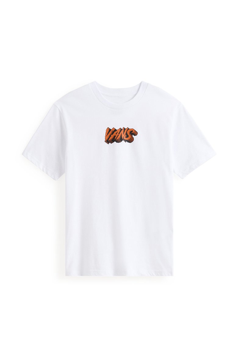 T-shirt en coton blanc avec un logo "VANS" orange et noir dans un design graphique audacieux sur le devant. Manches courtes et coupe standard.
