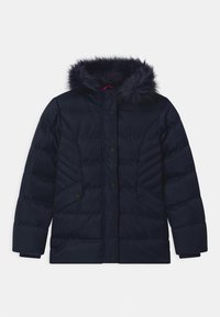 Giubbotto imbottito navy con cappuccio in pelliccia sintetica, bottoni a pressione, design a righe verticali e due tasche laterali. Tessuto morbido e isolato.