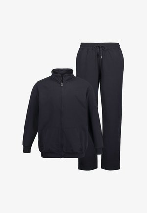 Navyblauwe zip-up jas met hoge kraag en voorzakken, gecombineerd met bijpassende joggers met een elastische tailleband.