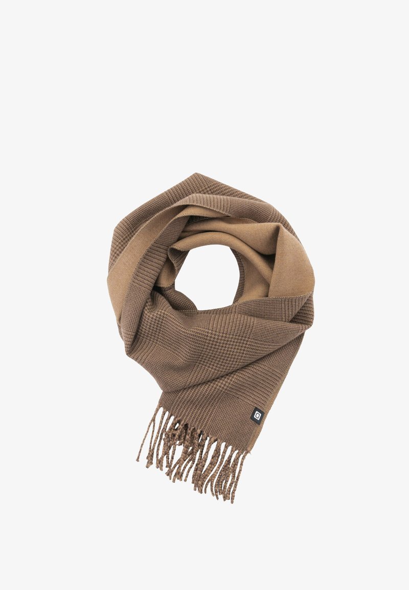 Brauner Schal mit einem strukturierten Webmuster, fransigen Enden und einem kleinen Label-Akzent. Weiches Material, zu einer Schlaufe drapiert.