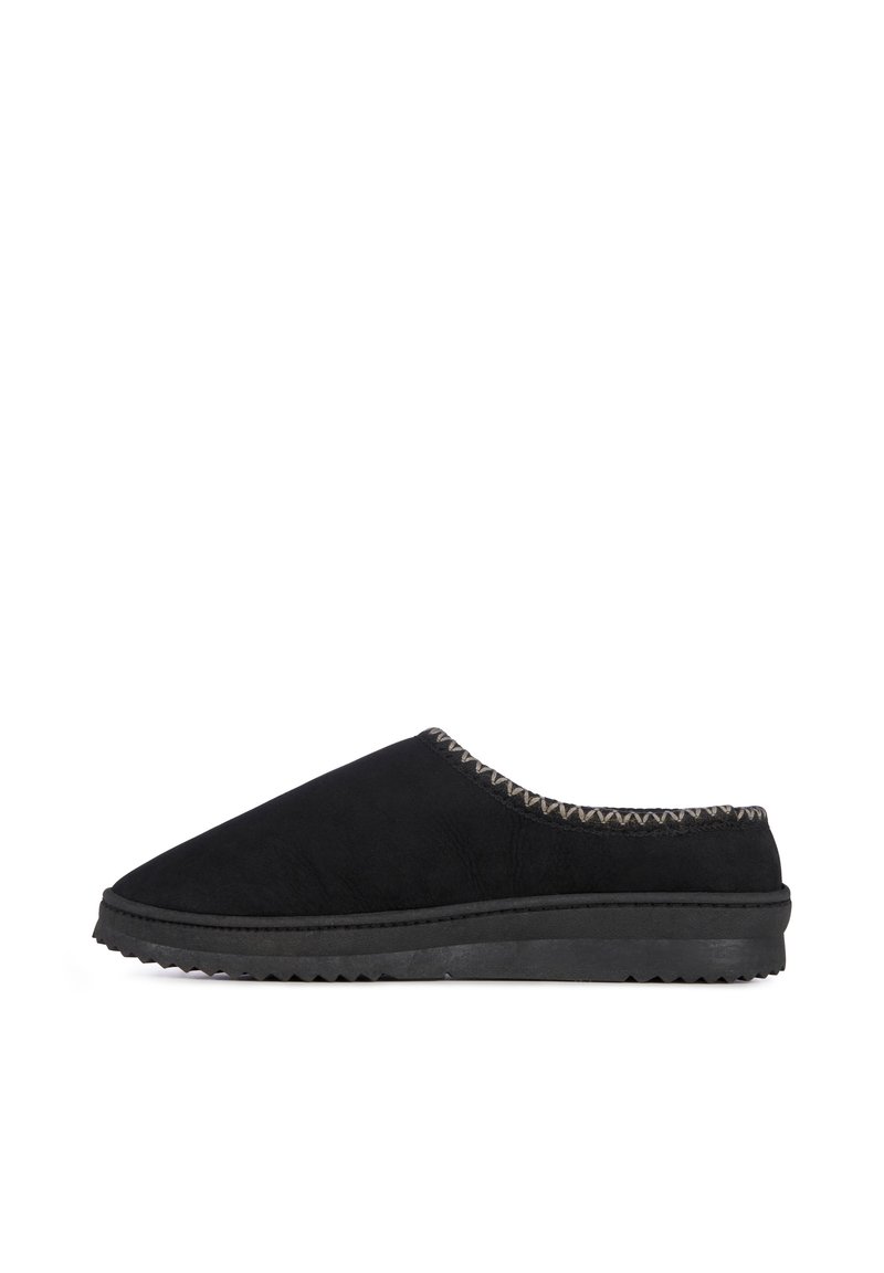 Schwarze Slip-On-Mules mit weichem Obermaterial, Zickzack-Kantennaht und strukturiertem Gummiuntergrund für drinnen oder draußen.