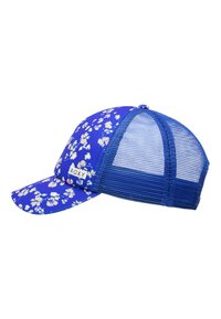 Blå blomsterhat med mesh-bag, buet skygge og et lille logo-tag på siden. Har livlige farver og en let stoftekstur.